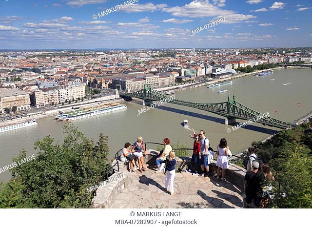 View from Gellert Hill over the Liberty Bridge and Danube to Pest, Budapest, Hungary
