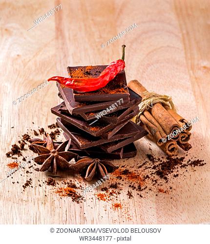 Dried Red Chili Pepper, Chocolate Stack and other Condiment