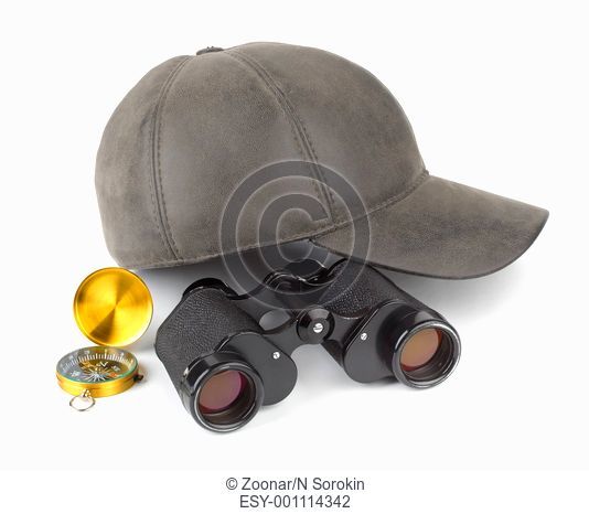 Binoculars, compass and cap