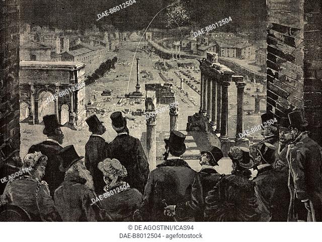 Umberto I (1844-1900), King of Italy, and Wilhelm II (1859-1941), Imperial Prince of Germany, attend the illumination of the Roman Forum from the Tabularium