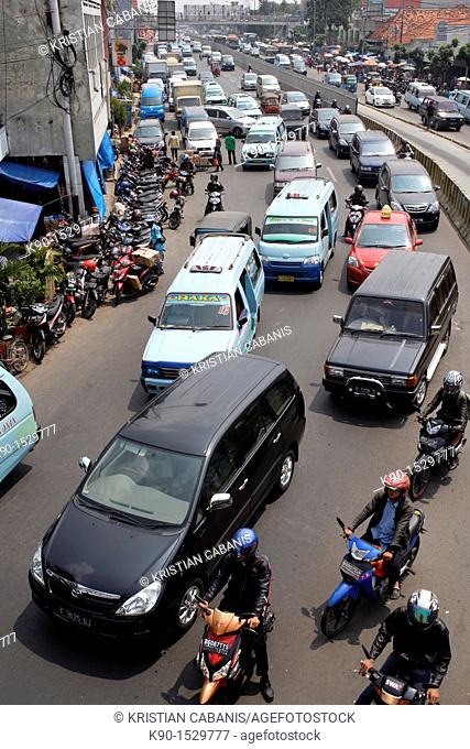 View from above with traffic jam on Jalan Matraman with mini busses, Jakarta, Java, Indonesia, Southeast Asia