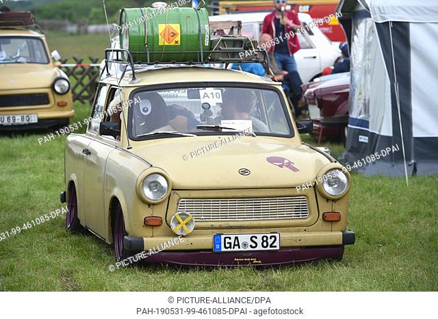 31 May 2019, Mecklenburg-Western Pomerania, Anklam: A Trabant from GDR production drives on the grounds of the 25th International Trabant Meeting at the...
