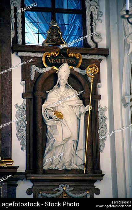 Statue of Saint Ulrich of Augsburg on the altar in Saint Benedict basilica in the famous Benediktbeuern abbey, Germany