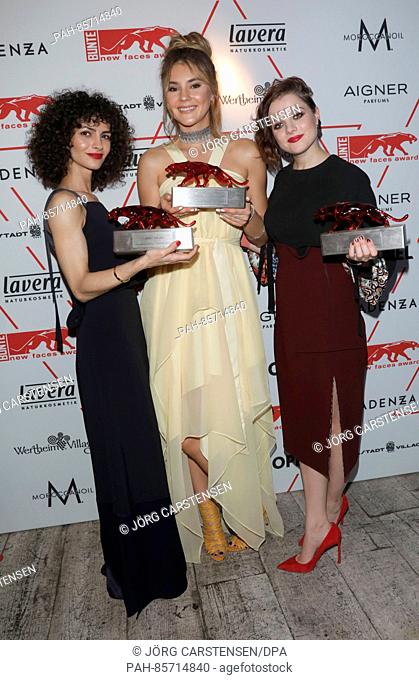 L-R: German designer Nobieh Talaei, model Stefanie Giesinger and actress Jella Haase at the 'Bunte' magazine-sponsored New Faces style award ceremony in Berlin