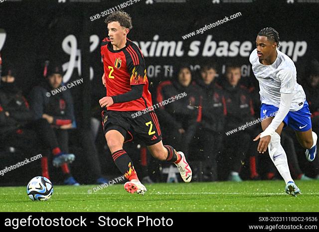 Gilles De Meyer (2) of Belgium and Wilson ODEBERT (8) of France pictured during a friendly soccer game between the national under 20 teams of Belgium and France...