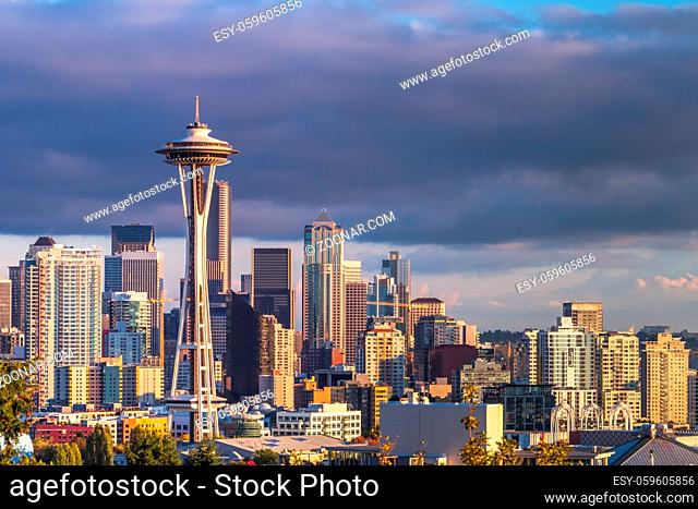 skyline of Seattle, downtown in sunset