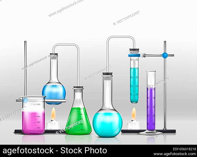 Chemical laboratory experiment 3d realistic concept. Lab graduated glassware filled with different color reagents, lab flasks connected with test tubes heating...
