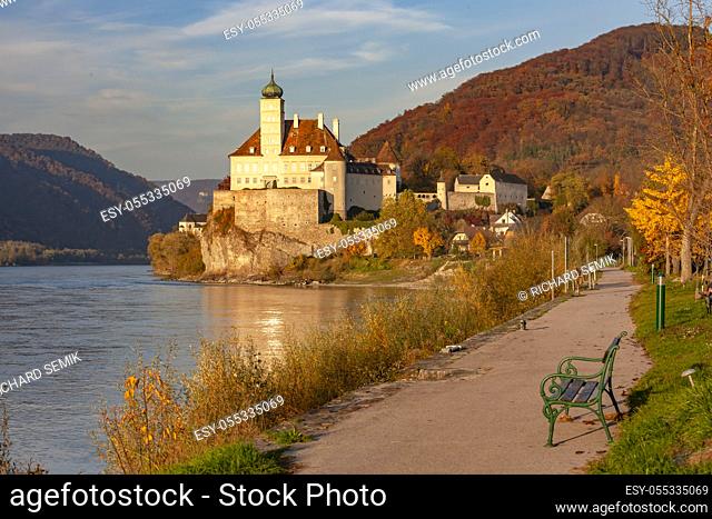 Small castle Schonbuhel above the Danube in the romantic sunset, Austria