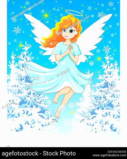 An angel with red hair, dressed in a blue dress, on a winter background. Christmas Eve. Winter snowy night