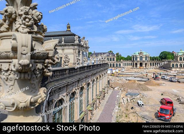 05 June 2023, Saxony, Dresden: View of the construction site at the Dresden Zwinger. The entire Zwinger courtyard has been a major construction site since March...