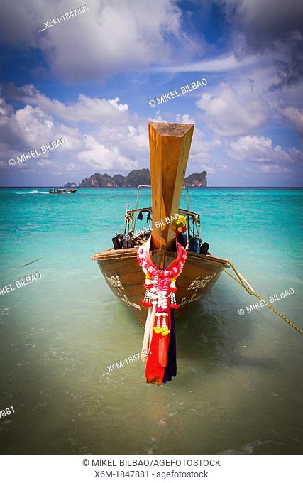 Longtail boat on Long beach  Phi Phi Don island  Krabi province, Andaman Sea, Thailand