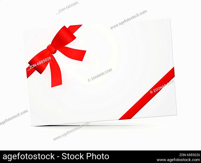 White high quality gift card with red ribbon for your message, isolated on white background
