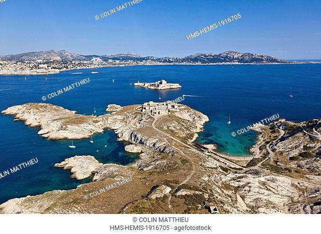 France, Bouches du Rhone, Marseille, 7th district, Friuli archipelago, island Ratonneau, hospital Carolina, sailing and boat mooring island of If