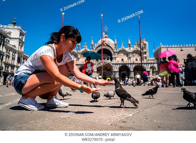 Woman tourist feeding pigeons in the square - St. Marks Square - Venice Italy