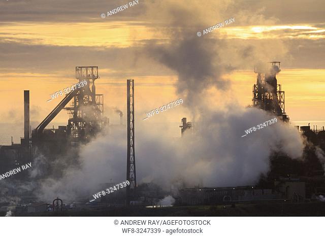The Tata Steelworks at Port Talbot, in South Wales, captured at sunset from an inland section of the Wales Coast Path on an evening in mid February