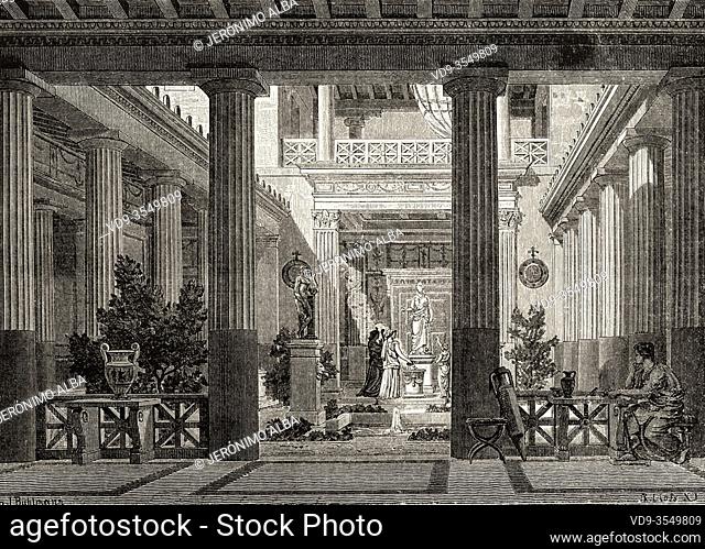 Ancient Greek prostas house, open court with a statue of Hestia, the goddess of the hearth, Ancient Greece. Old 19th century engraved illustration