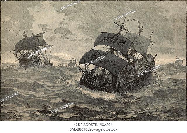 Retreat of the Armada, 1588, Anglo-Spanish War, engraving from The Illustrated London News, No 2569, July 14, 1888