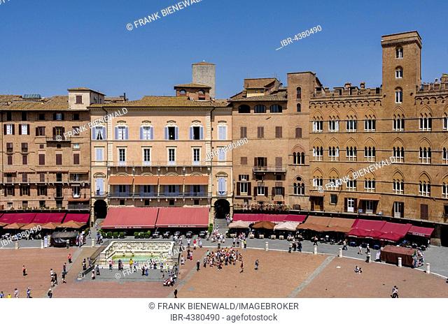 View of Piazza del Campo and surrounding buildings from Palazzo Pubblico, Siena, Tuscany, Italy