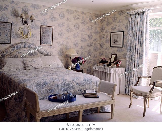 Blue White Toile De Jouy Wallpaper And Curtains And Bedlinen In Country Bedroom Stock Photo Picture And Rights Managed Image Pic Foh U12684968 Agefotostock