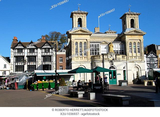 View of Market Place showing the Old Town Hall, Kingston upon Thames, Surrey, England