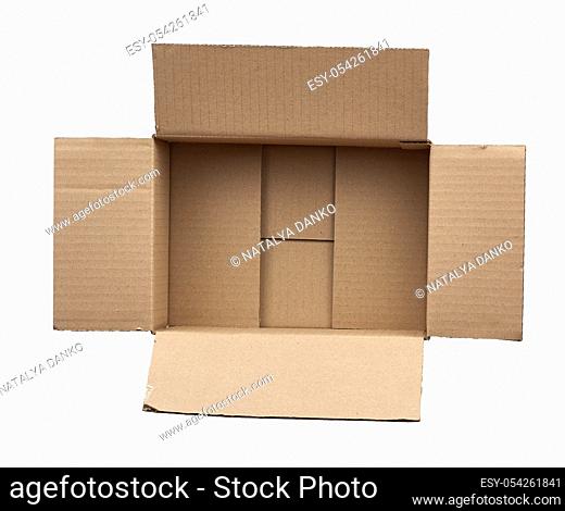 open empty brown square cardboard box for transporting goods isolated on white background