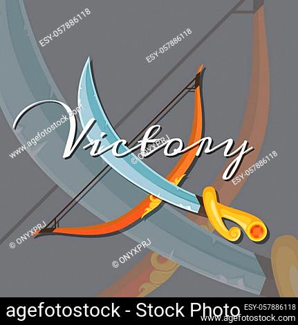 Vector fantasy cartoon style game design medieval crossed saber and bow elements illustration