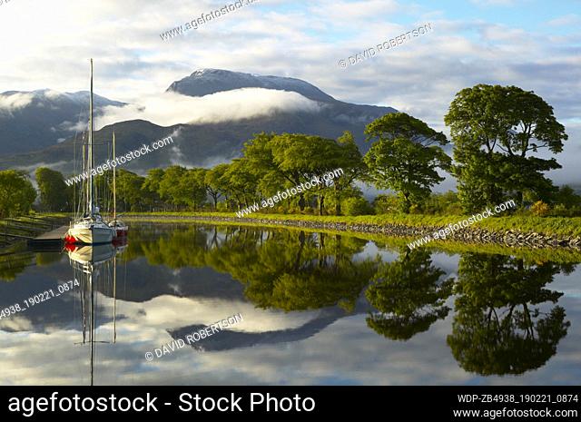 Caledonian Canal, Corpach, near Fort William, Lochaber, Highland, Scotland. View to Ben Nevis, the highest mountain in the UK