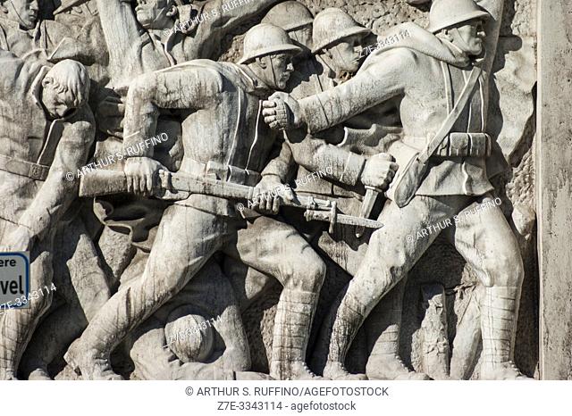 Battle scene of the Italian Third Army during World War I. High-relief sculpture by Vico Consorti. Ponte Duca d'Aosta (Duke of Aosta Bridge) spanning the Tiber...