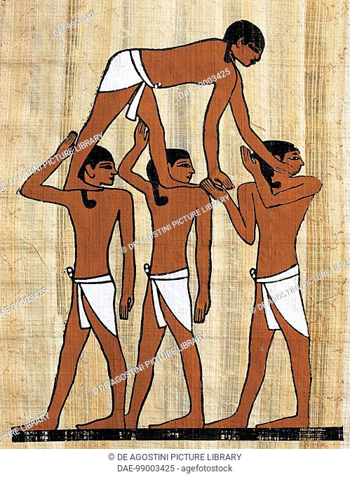Acrobats, papyrus, reconstruction of a relief from the mastaba of Ptahhotep at Saqqara, originally dating from the Dynasty V. Egyptian civilisation