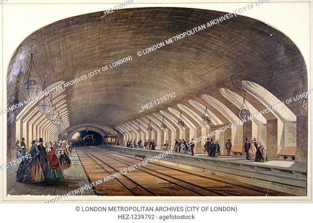 Interior of Baker Street Station showing platforms and an approaching train, London, c1865. The Metropolitan Line was the world's first underground passenger...