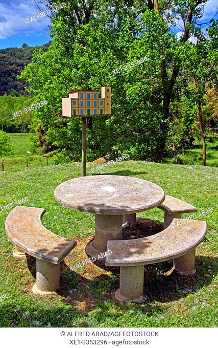 bench and stone tables, Granollers de Rocacorba, Vall de Llémena, Girona, Catalonia, Spain