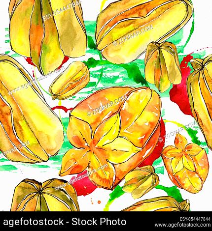 Exotic carambola healthy food in a watercolor style pattern. Full name of the fruit: carambola. Aquarelle wild fruit for background, texture