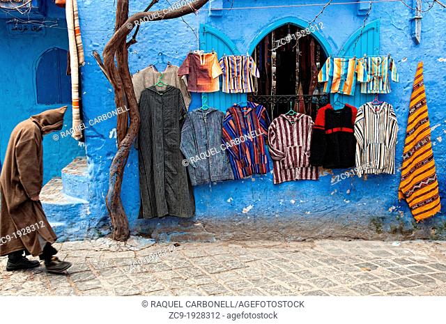 Textile shops in the blue medina of Chefchaouen Rif region, Morocco