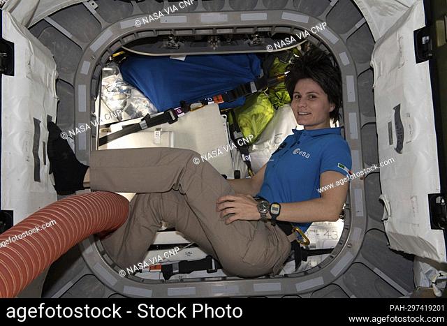 ESA (European Space Agency) astronaut and Expedition 67 Flight Engineer Samantha Cristoforetti is pictured inside the vestibule between the Unity module and the...