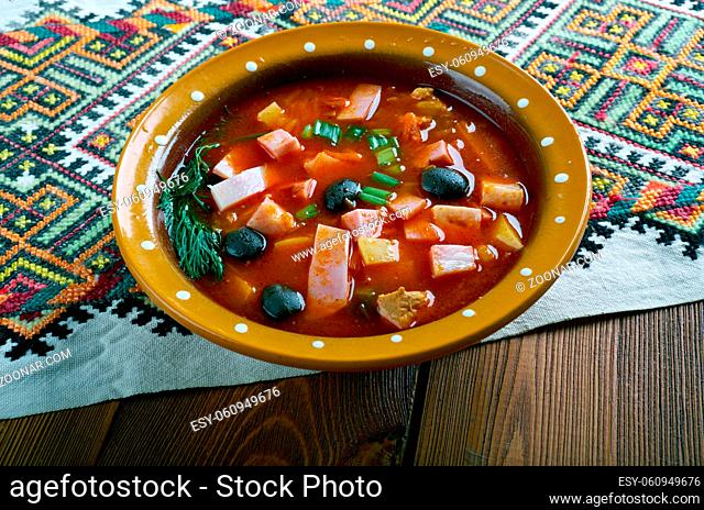 Seljanka a thick, spicy and sour Russian soup. ingredient being either meat, fish, or mushrooms. All of them contain pickled cucumbers with brine