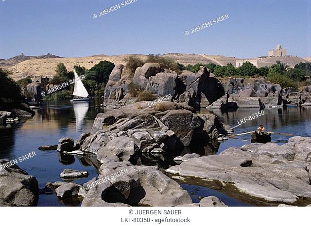 A felucca on the Nile, Aswan, Cataract landscape, Egypt, Africa