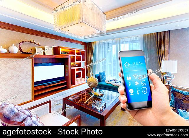 smart phone with smart home and modern living room