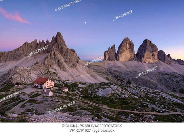 Tre Cime di Lavaredo and Mount Paterno at Sunset, Bolzano province, Trentino Alto Adige, Italy