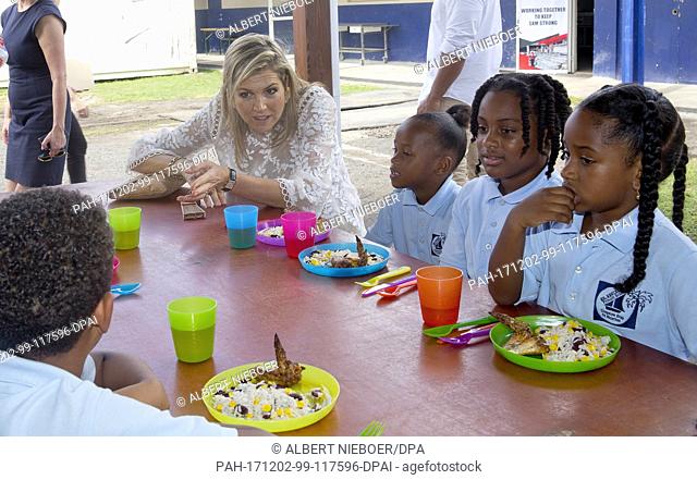 Queen MÃ¡xima of The Netherlands visit the Charlotte Brookson Academy at St Maarten, on December 2, 2017, on the last of a 3 days visit to the windward islands