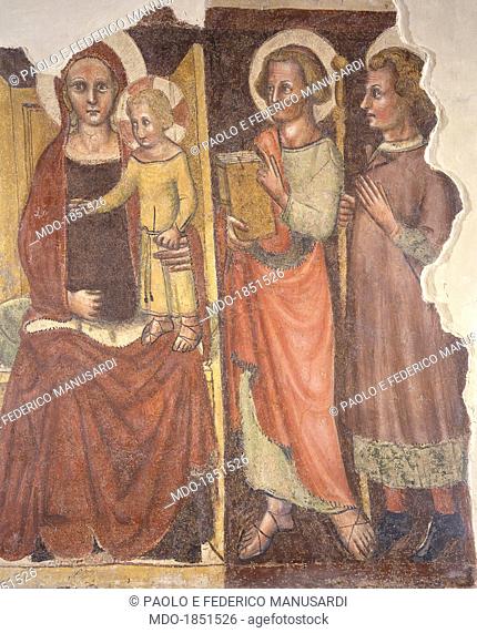 Madonna and Child with Saints Dominic, Nicholas, John the Evangelist, Stephen or Lorenzo, by Master of St. Augustine, 14th century, fresco