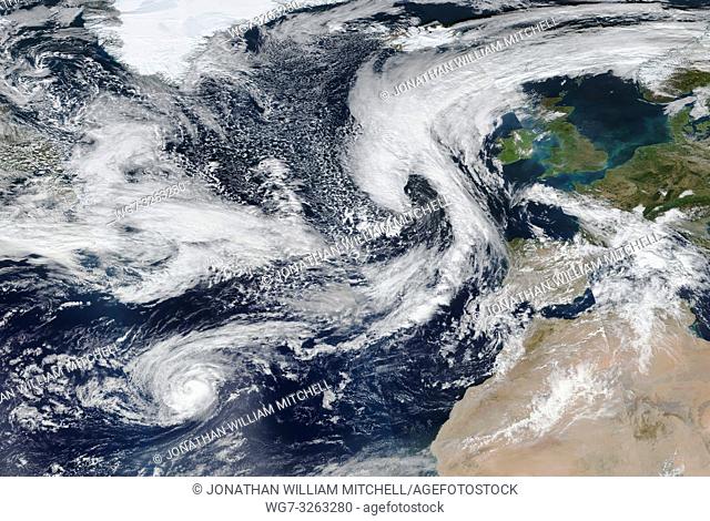 NORTH ATLANTIC OCEAN - 11 Oct 2018 - This composite of NASA MODIS satellite data from 10 Oct 2018 (latest available) shows Storm Callum - which is forecast by...