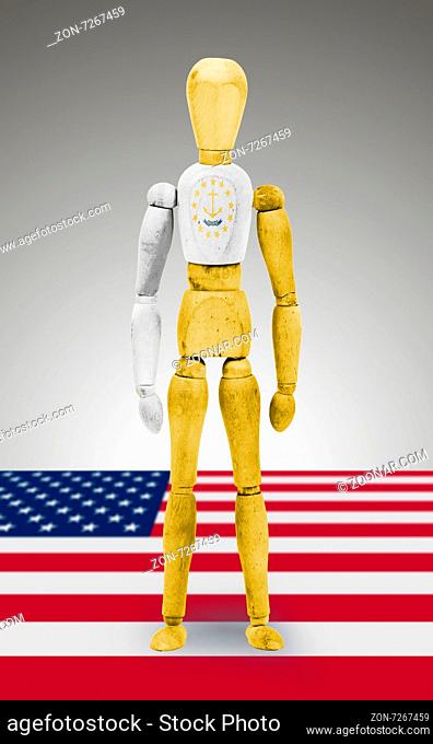 Old wood figure mannequin with US state flag bodypaint - Rhode Island