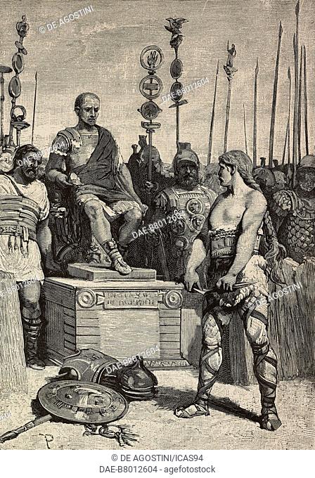 Vercingetorix before the court of Caesar, drawing by Lodovico Pogliaghi from Storia di Roma, by Flaminio Bertolini, engraving from L'Illustrazione Italiana