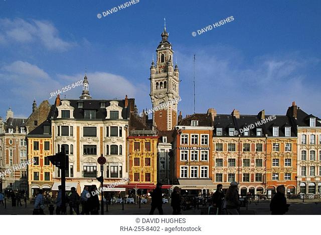 Flemish buildings in the Grand Place Place du General de Gaulle, with the Nouvelle Bourse new mint tower in centre, Lille, Nord, France, Europe
