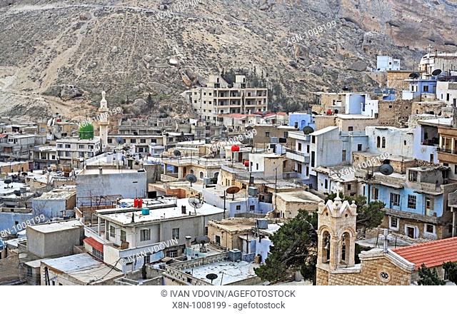 Maloula Maalula village with the monastery of Mar Sarkis St  Sergius on top of hill  Syria