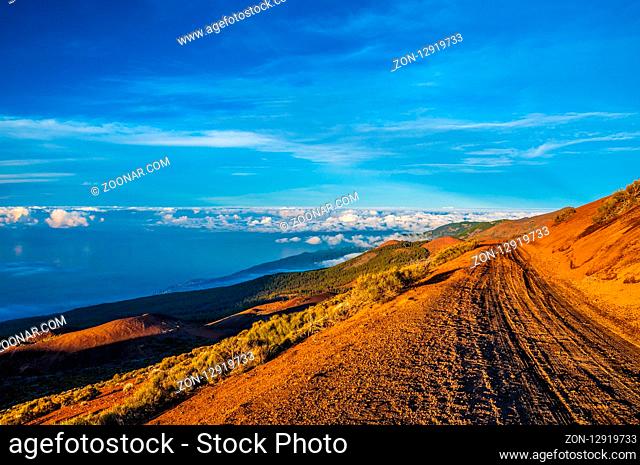 Road on the mountain above clouds in Tenerife, Canary Islands