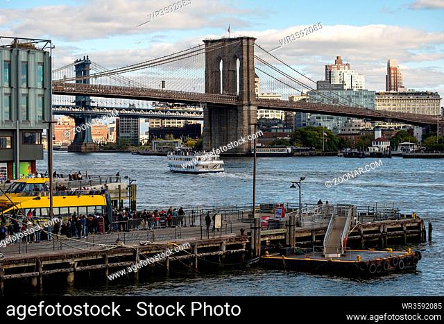 New York City - USA - Oct 18 2019: Pier 15 at the South Street Seaport at daytime in Autumn
