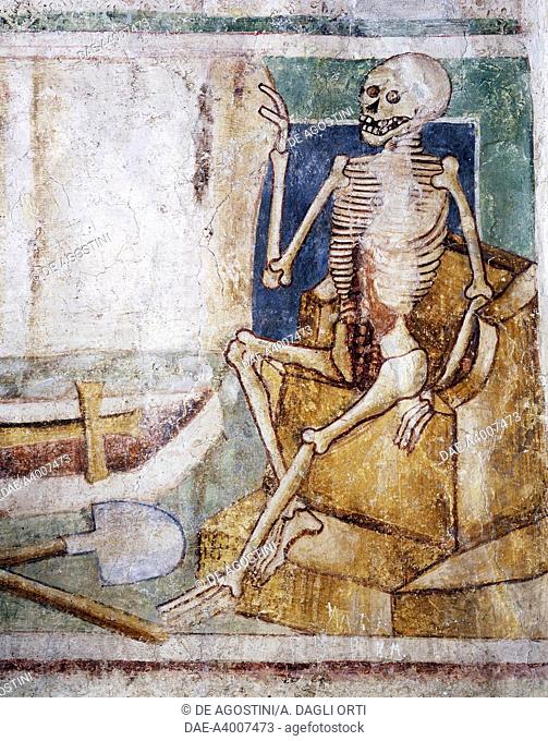 Death opening the slab of the tomb, Dance of Death (1490), detail from the frescoes by Janez Iz Kastva, Trinity Church, Hrastovlje fortified church, Slovenia