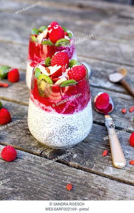 Two glasses of chia pudding with cocos, raspberry sauce and several fruits