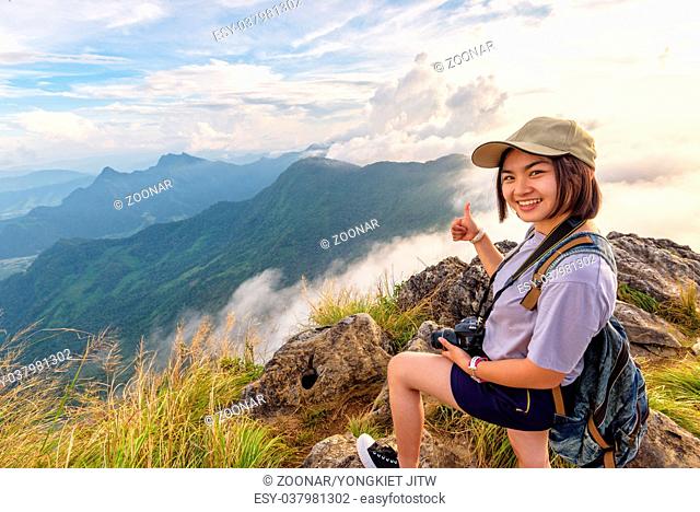 Girl tourist on mountains in Thailand